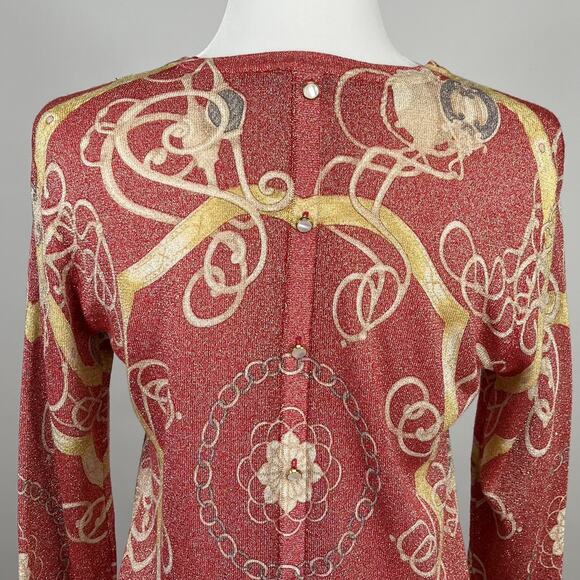 J. McLaughlin Red Gold Metallic Top Size Medium Button Back Artsy Contemporary - Picture 6 of 11